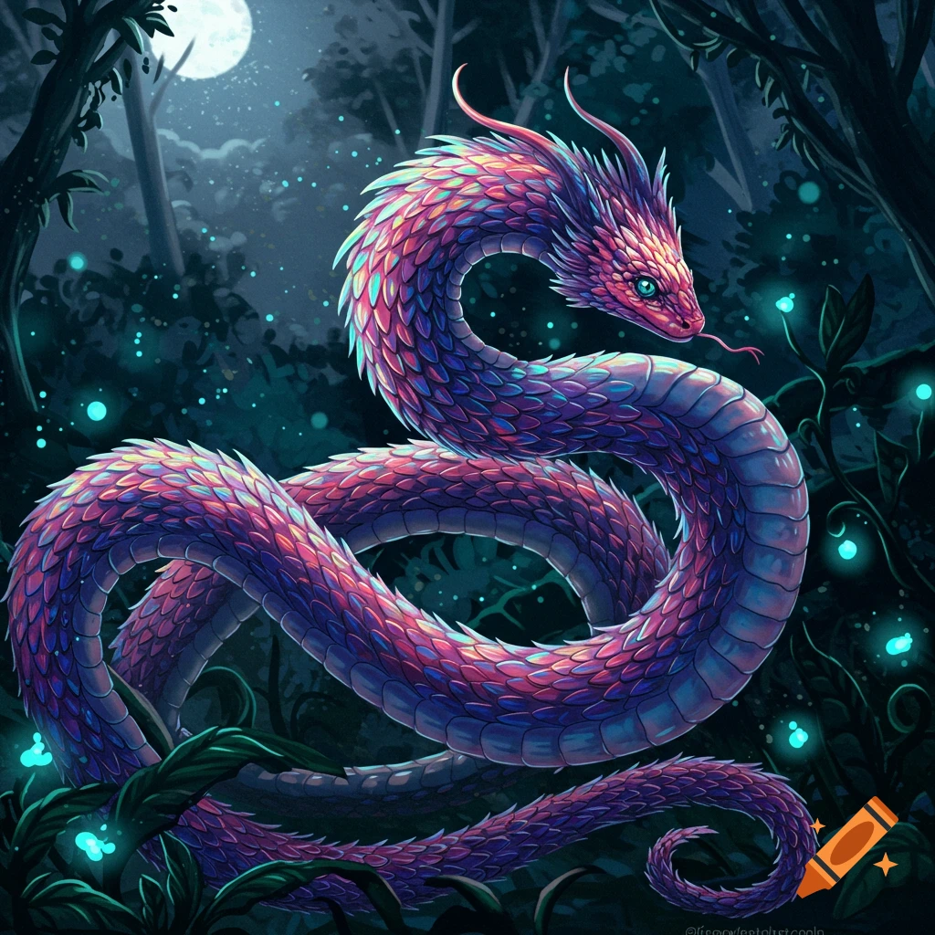 Colorful dragon-snake creature in a moonlit forest with glowing elements