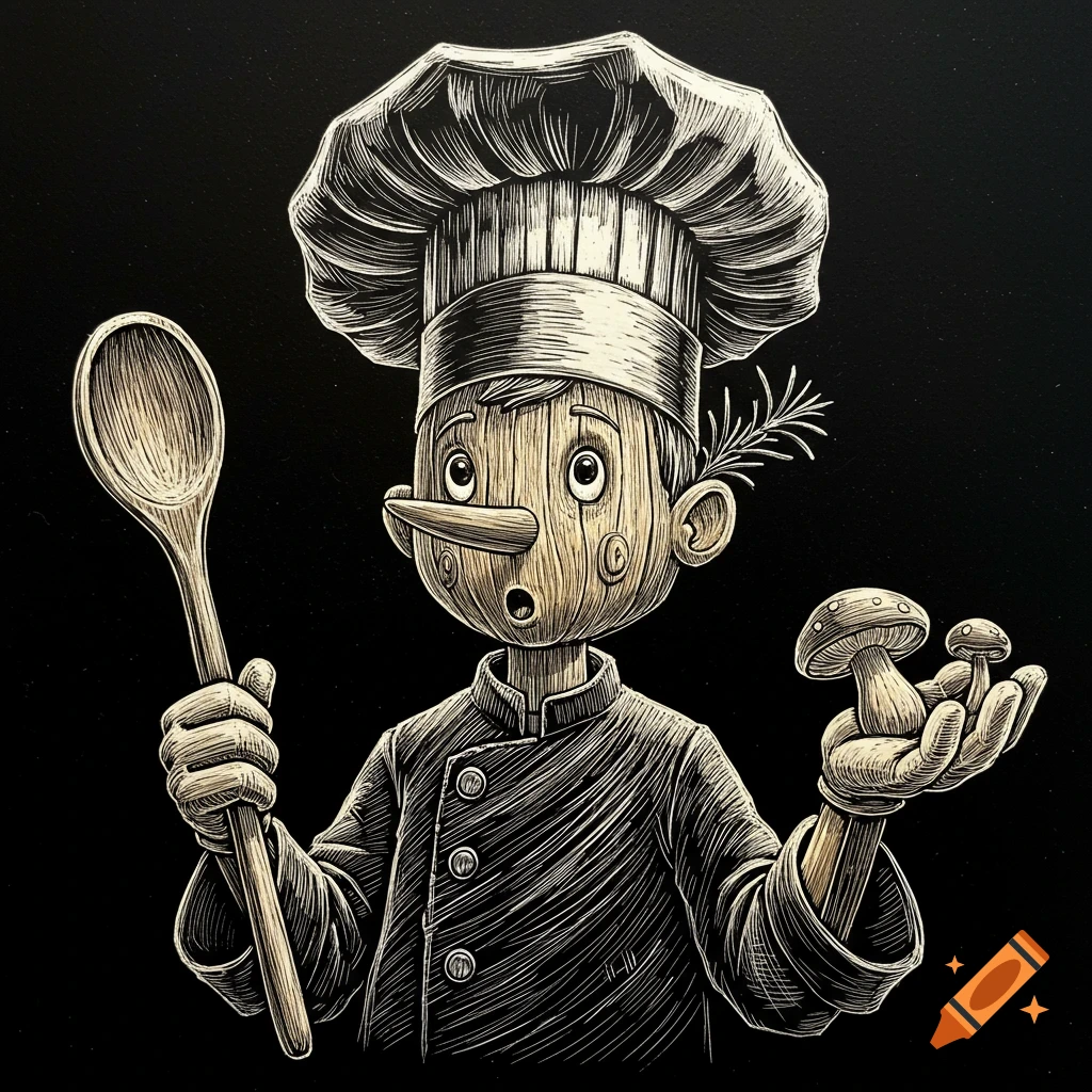 Scratchboard illustration of Pinocchio as a chef holding a spoon and mushrooms.