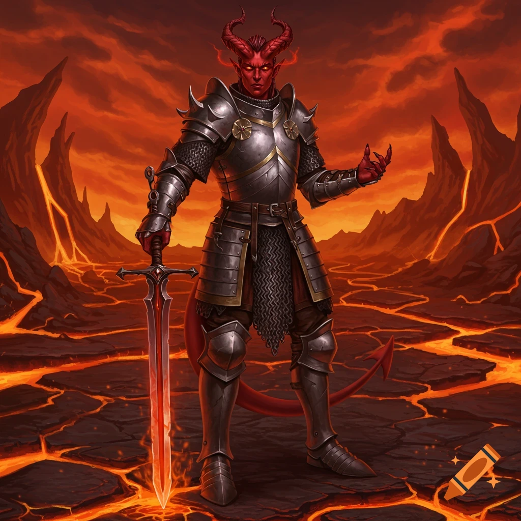 A red-skinned tiefling paladin in armor holding a sword in a volcanic landscape.