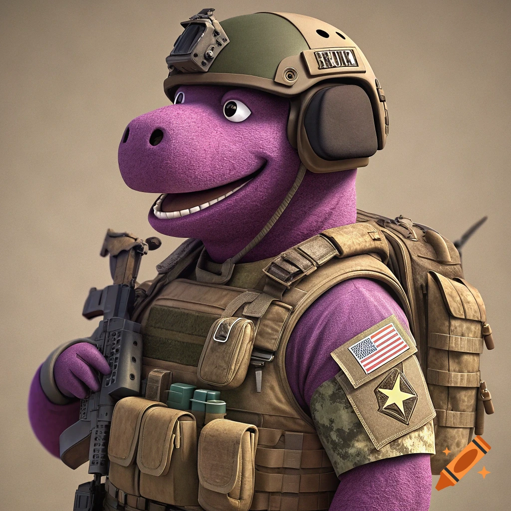 A purple dinosaur wearing military tactical gear and holding a rifle