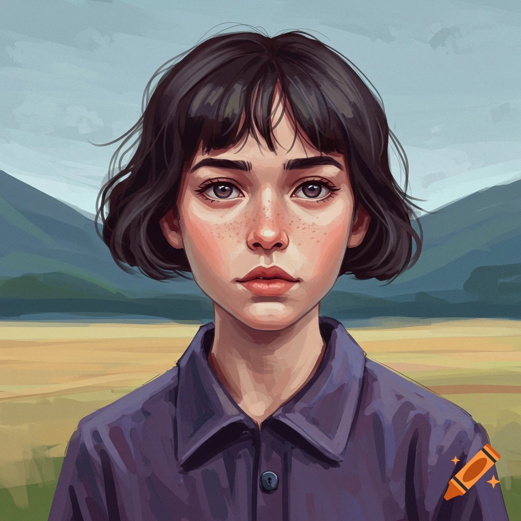 Portrait of a young person with short dark hair and freckles in a landscape.