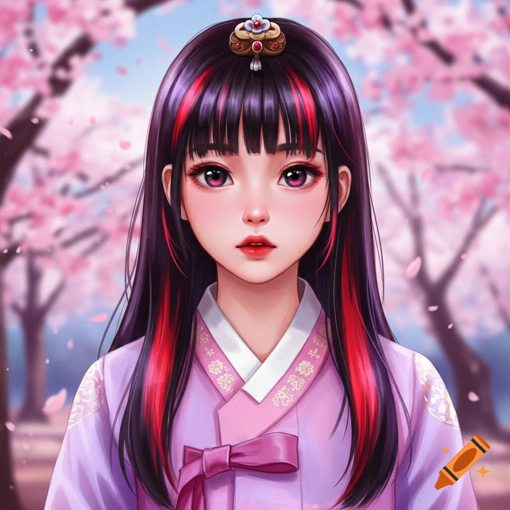 A Korean girl in traditional clothing with black hair and red highlights stands in front of cherry blossoms.