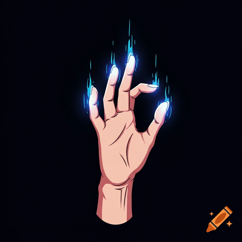 Stylized hand with blue energy against a black background.