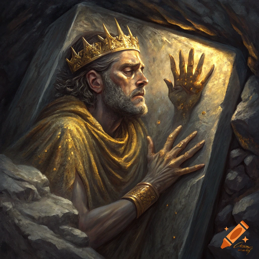 Bearded king with golden hands touches a golden handprint on stone wall in oil painting style.