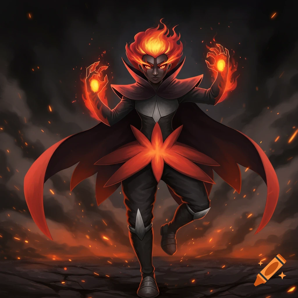 A human-like figure with fiery hair and hands, wearing dark clothes, stands in a smoky, fiery environment.