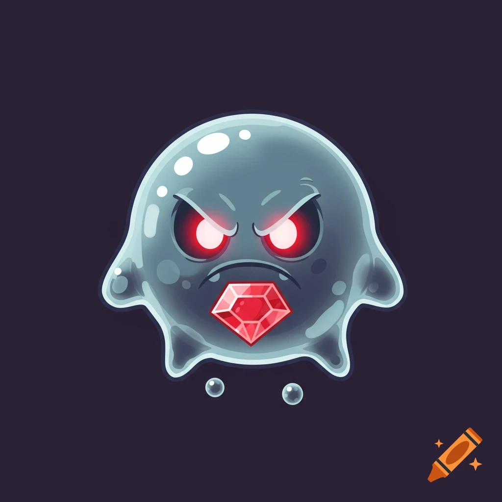 A cartoon bubble monster with glowing red eyes and a red gem.