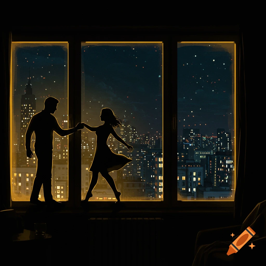 Silhouette of a couple dancing in a window overlooking a city at night