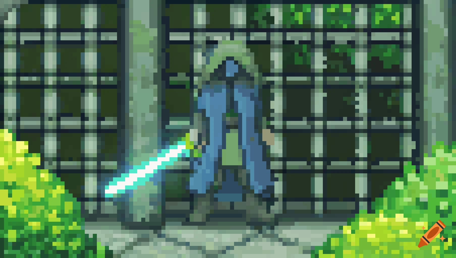 8-bit pixel art of a character resembling Anakin Skywalker with a blue lightsaber standing before a grate.