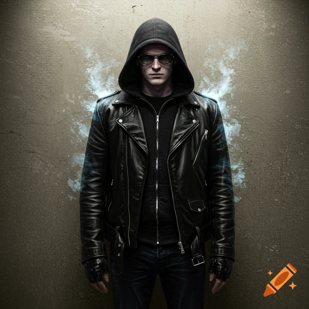 A man in a black hooded leather jacket and sunglasses stands against a wall with a glowing aura.