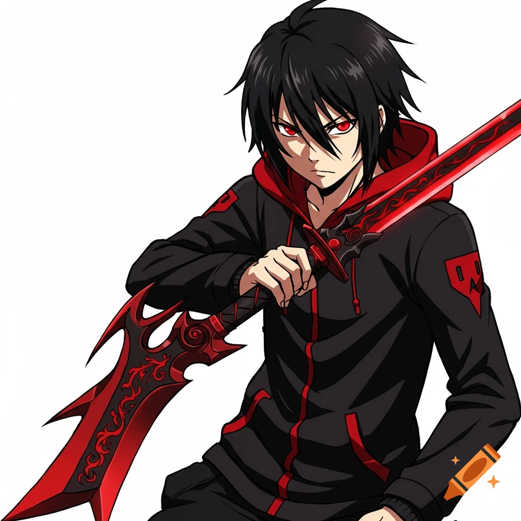 Anime character with black hair and red eyes in black and red hoodie, holding a red and black sword.