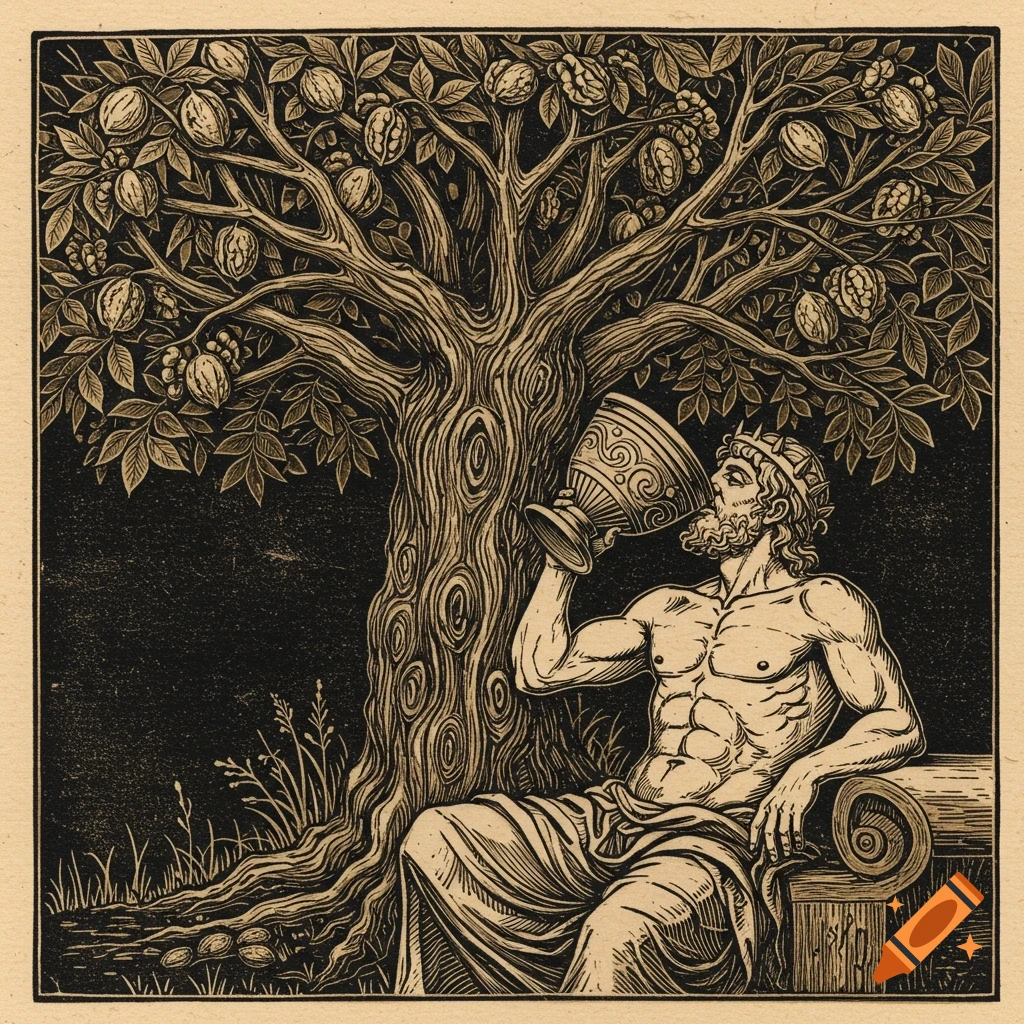 Woodblock print of Jupiter drinking from a cup under a walnut tree.