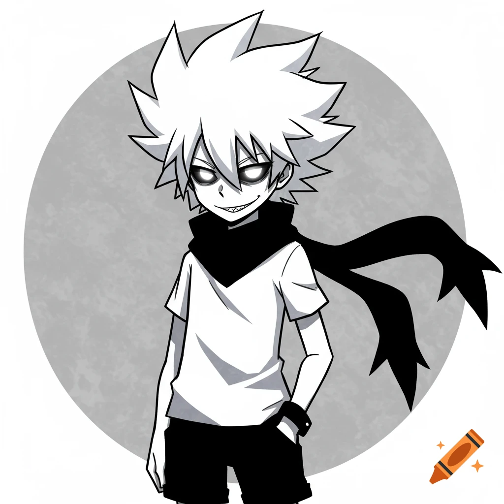 Anime character with spiky white hair, glowing eyes, and a black scarf.