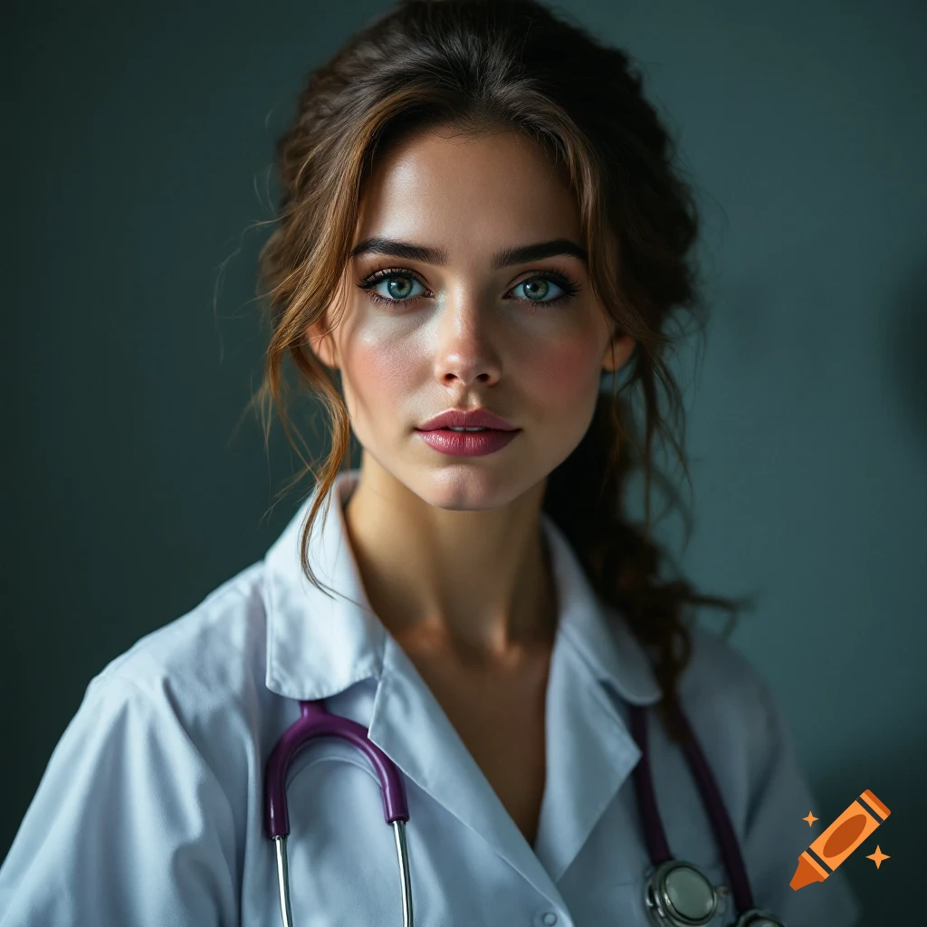 Close-up photorealistic portrait of a woman in a nurse uniform with a stethoscope