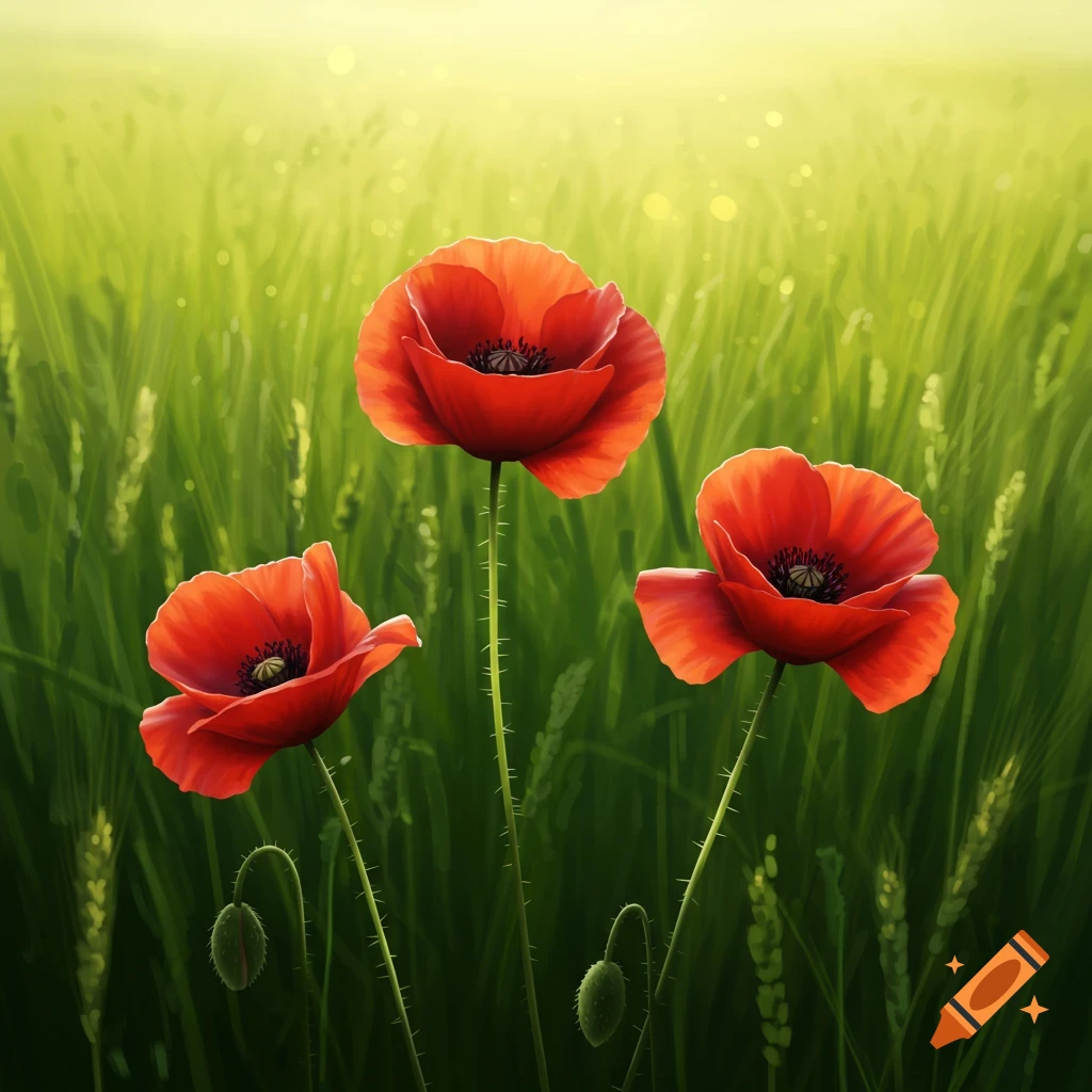 Three red poppies close up in a green field