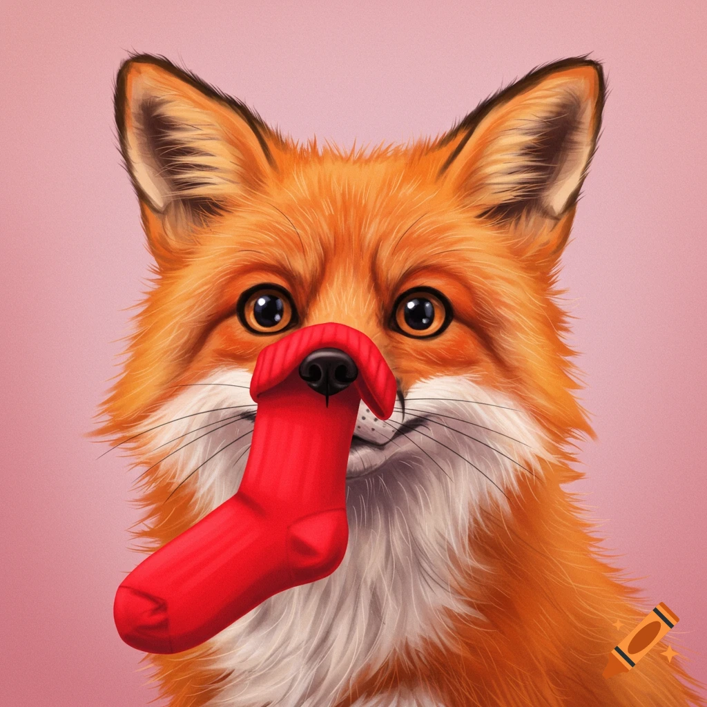 A fox with a red sock on its nose
