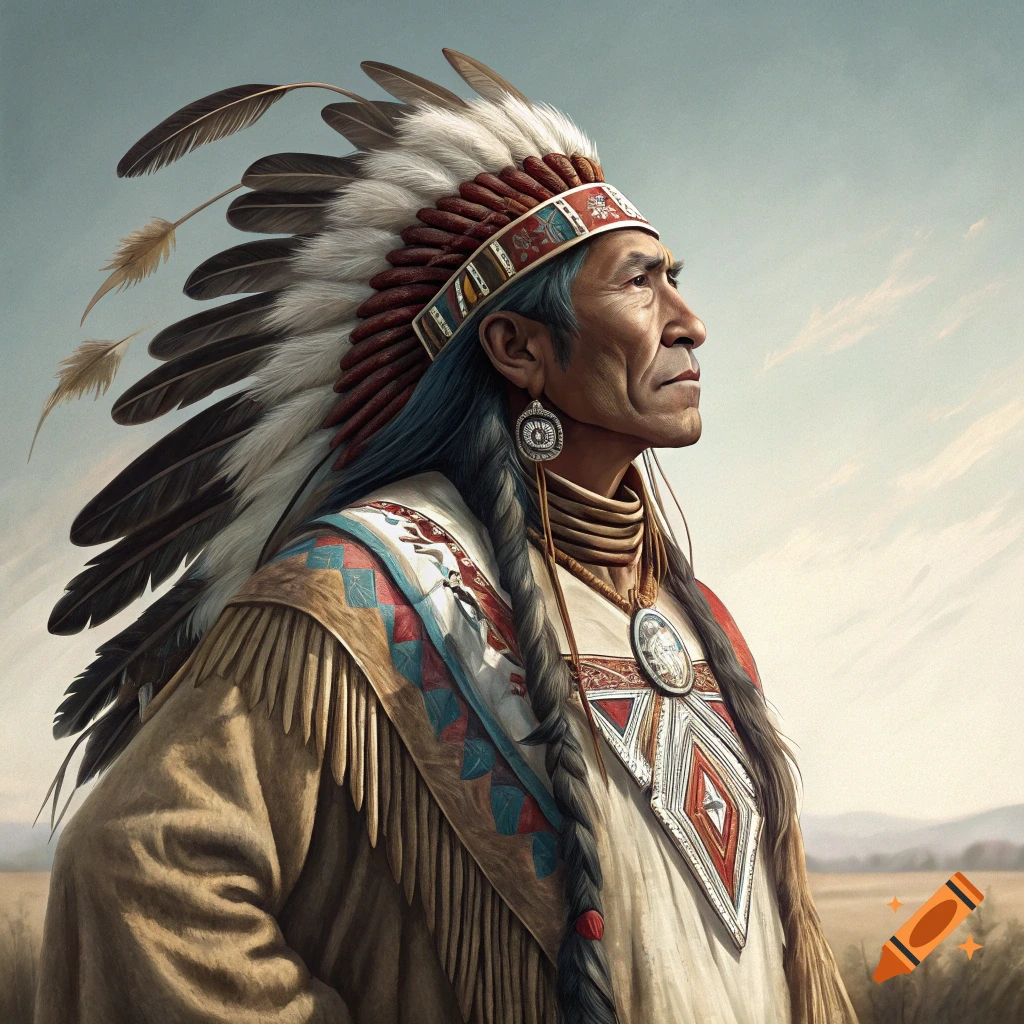 Portrait of a man wearing a traditional Native American headdress and regalia, looking towards the horizon.