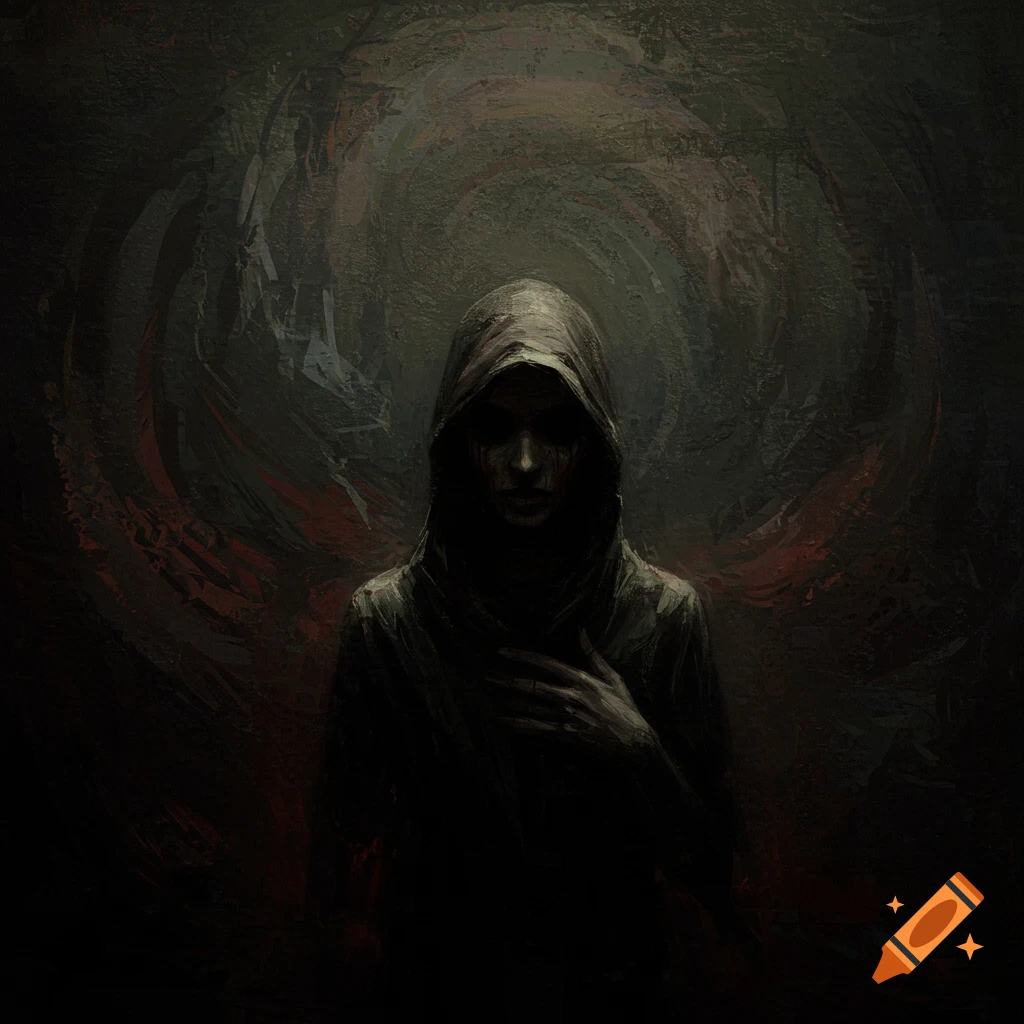 Dark, hooded figure with tear/blood streaks against a swirling abstract background in a painterly style