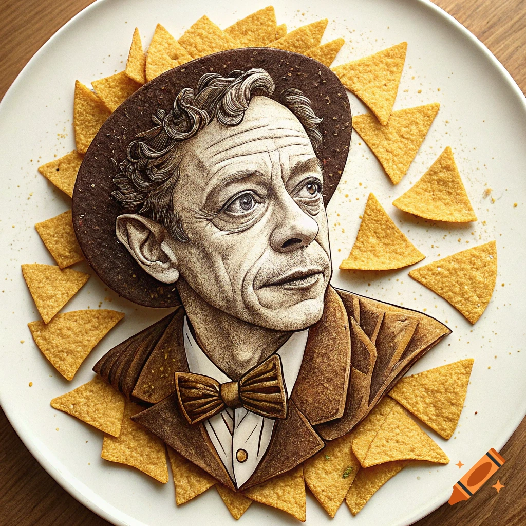 A portrait of a man made from nachos on a white plate.