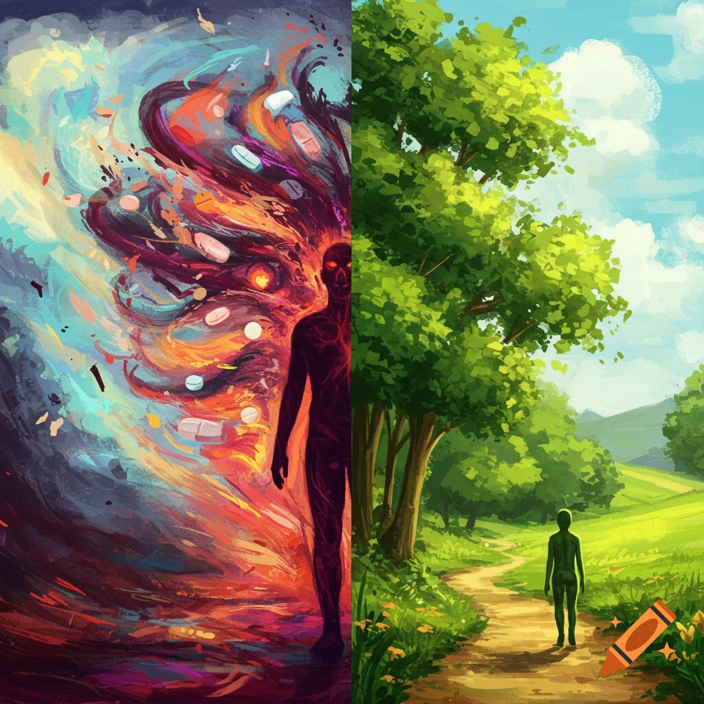 Splitting into dark chaos with pills and figure, and bright nature with path and figure.
