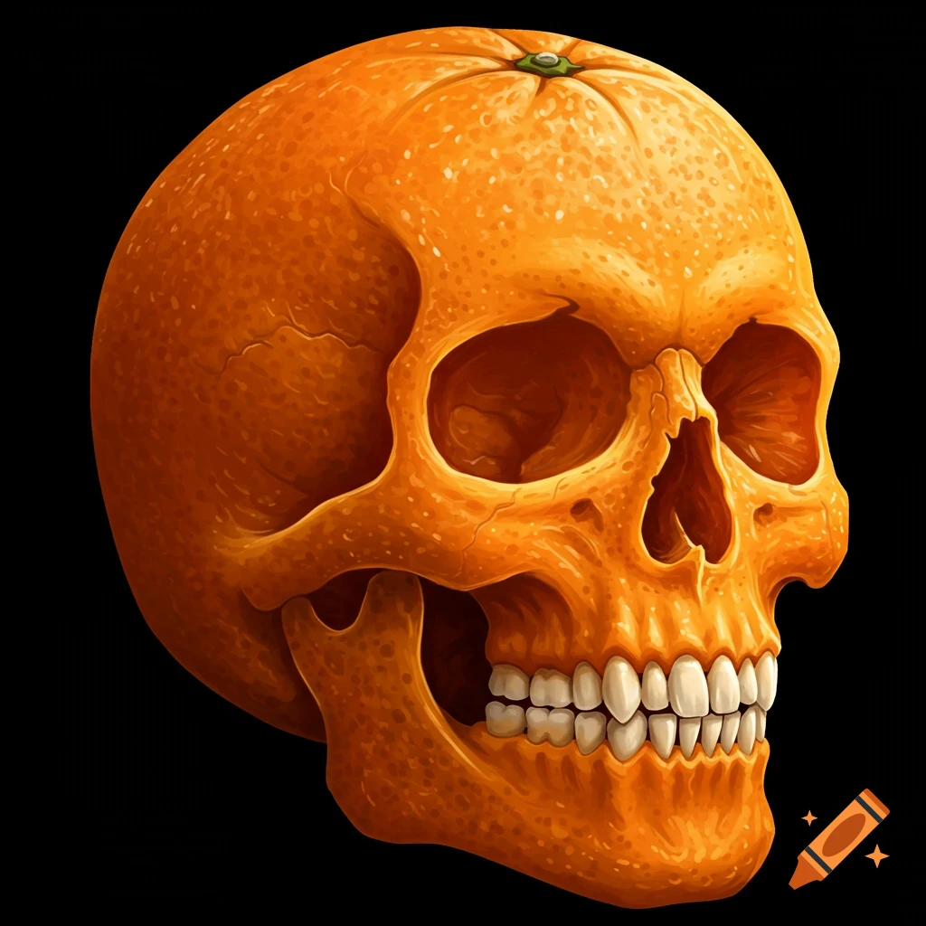 An orange shaped like a skull.