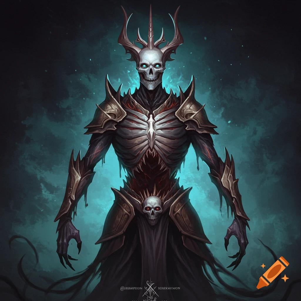 Armored skeletal fantasy creature with glowing blue eyes.