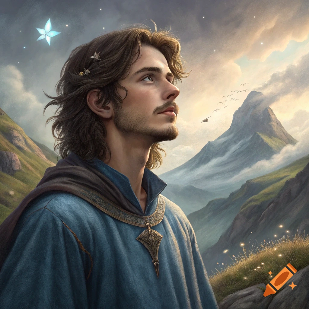 A young man in a blue tunic and cape looks up at the sky in a fantasy mountain landscape.