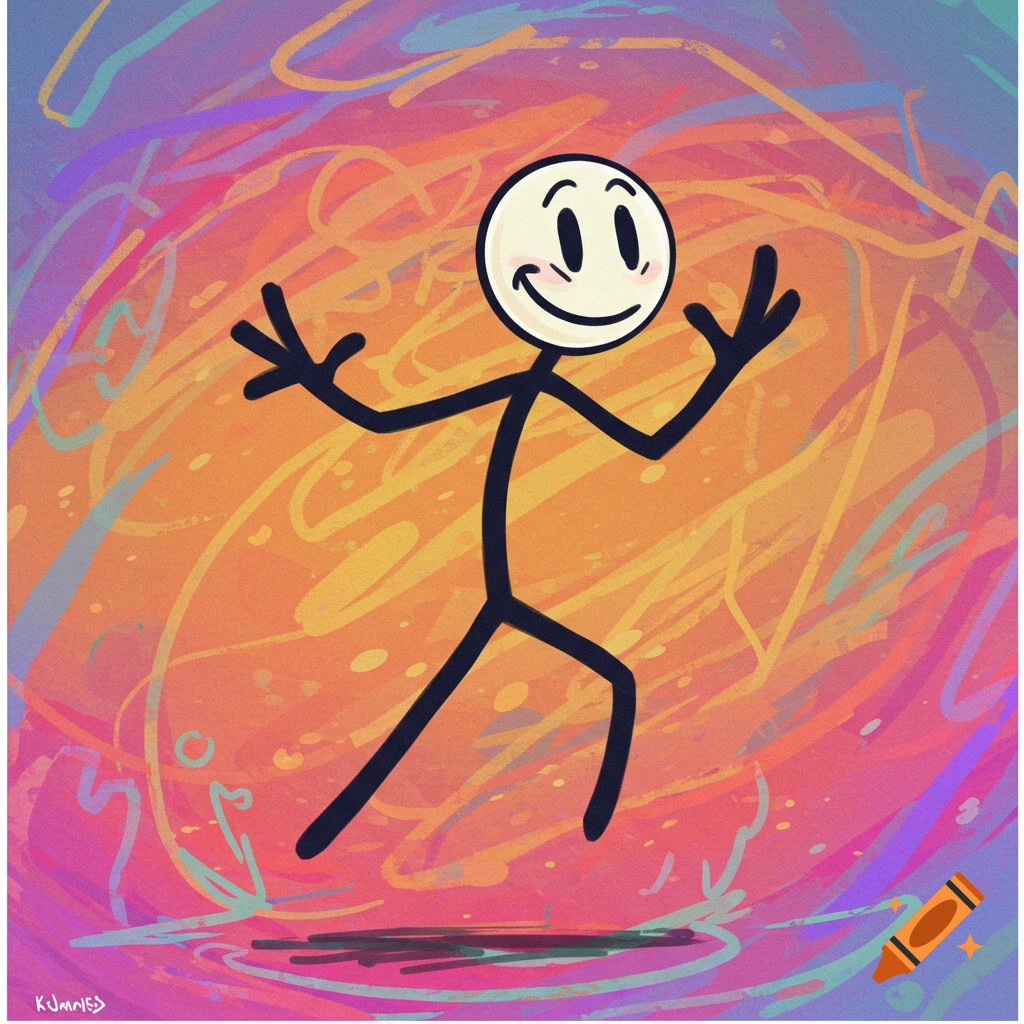 A dancing stick figure character against a vibrant, colorful abstract background.