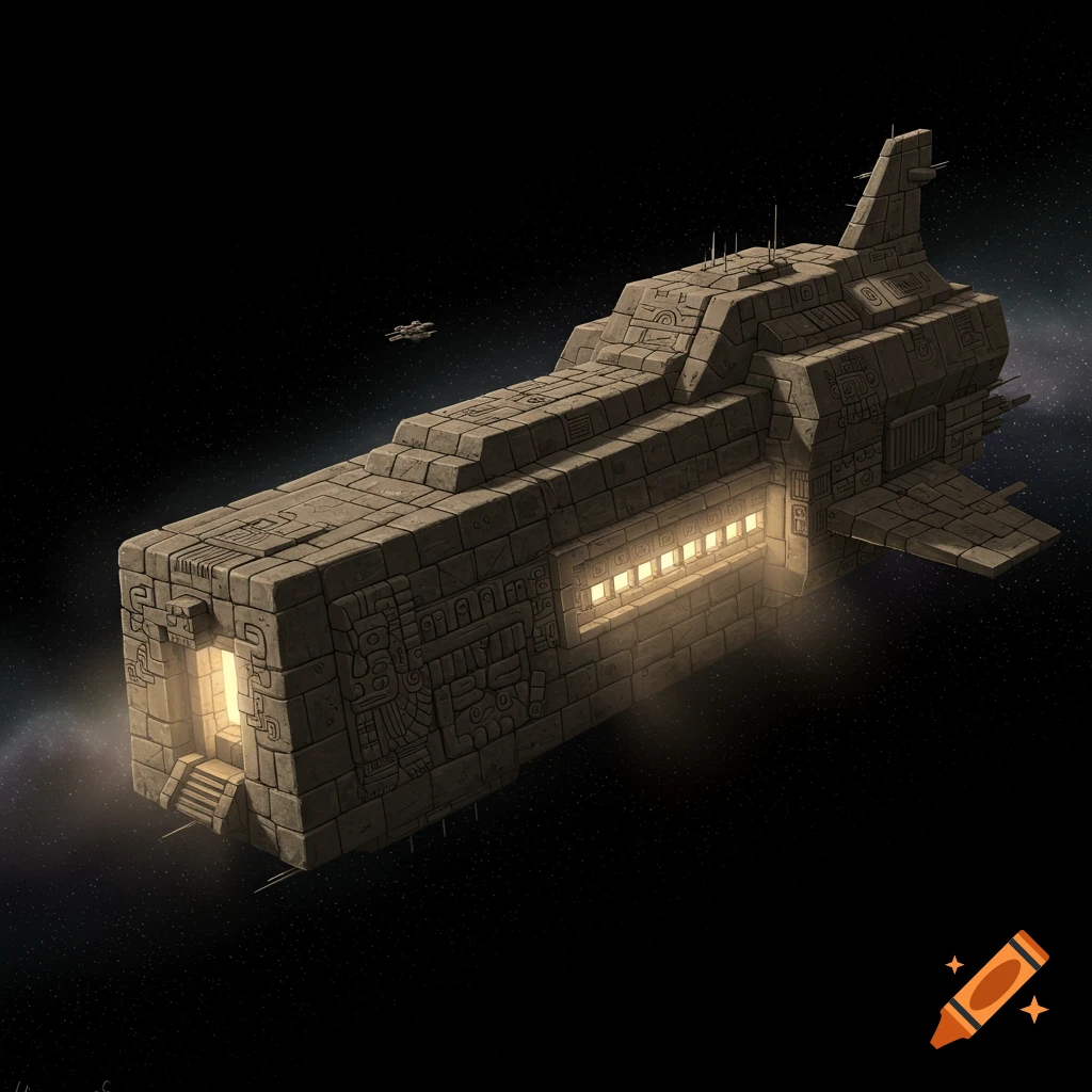 An Incan-style stonework spaceship in space.