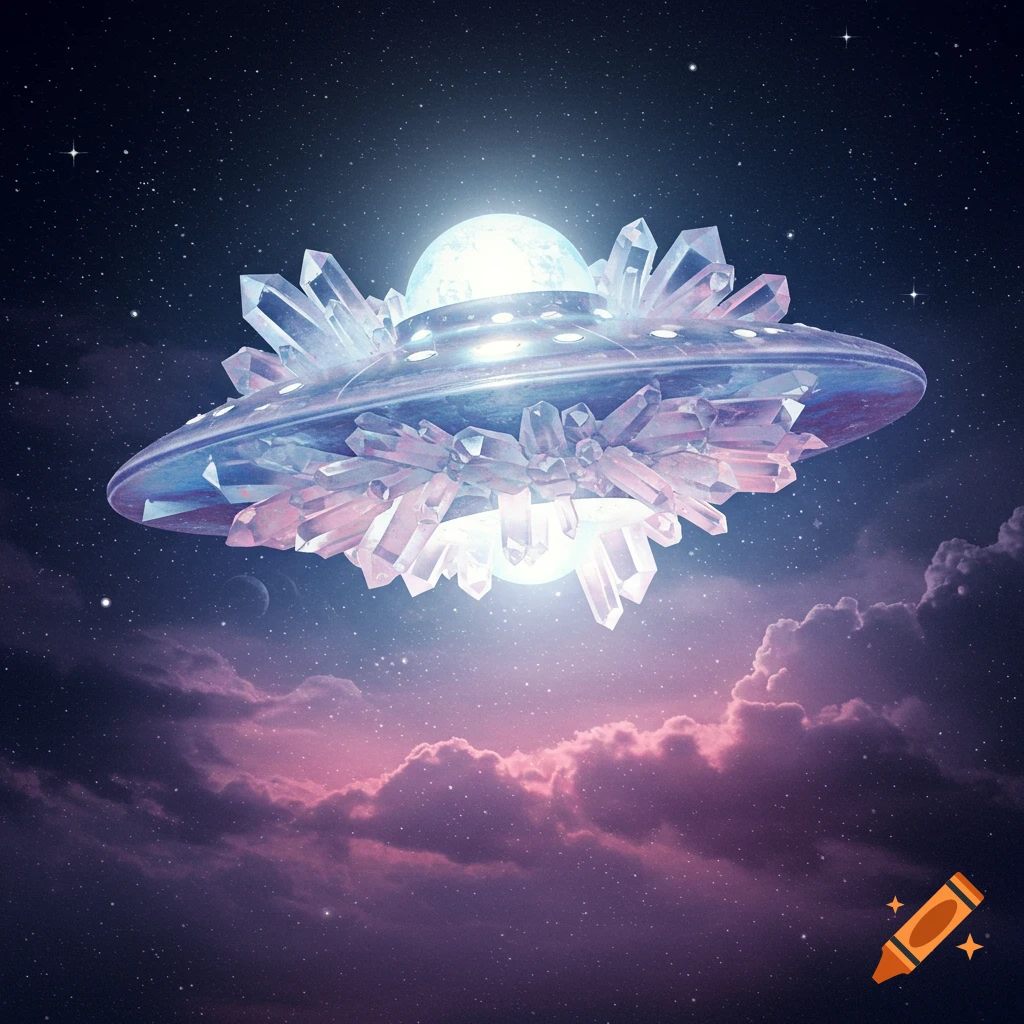 A crystal-encrusted UFO hovering above purple clouds in space.