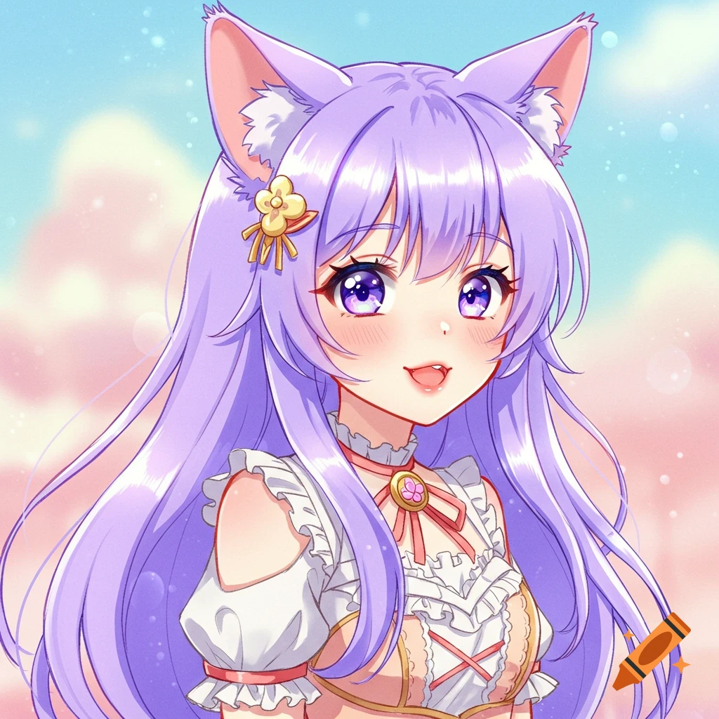 Anime girl with lavender hair and cat ears, smiling in a frilly dress against a pastel sky.