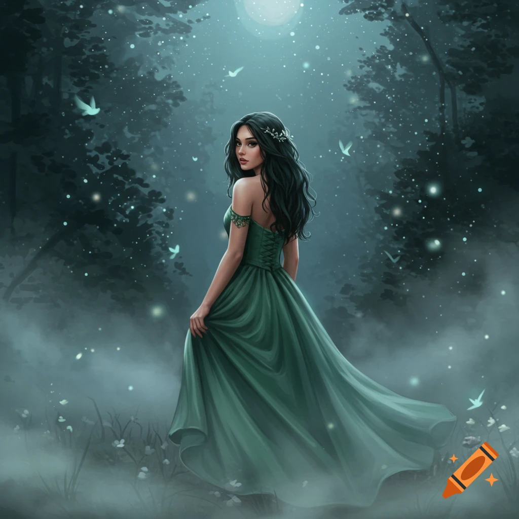 A woman in a green dress looks over her shoulder in a misty forest under moonlight.