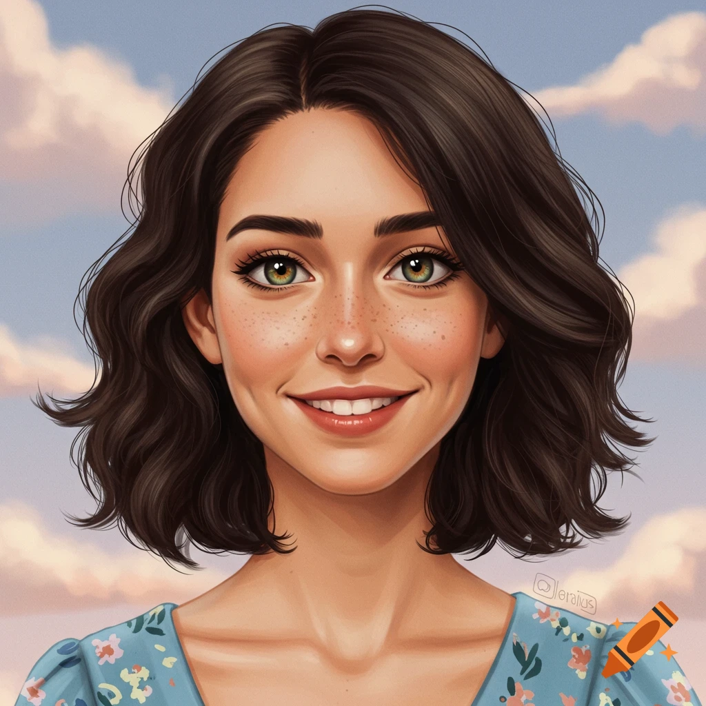 Smiling woman with green eyes, freckles, and short brown hair in a floral dress.
