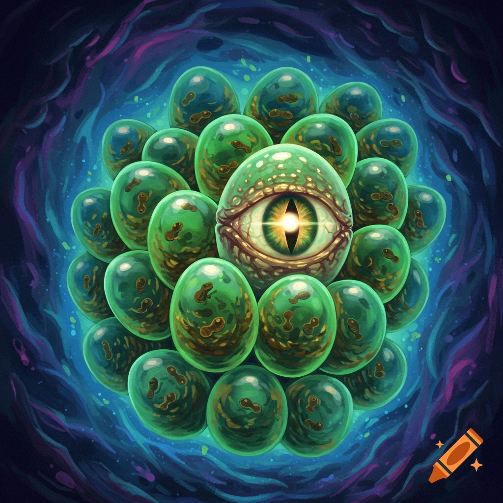 A cluster of glowing green orbs with a central eye, in a deep blue and purple void.