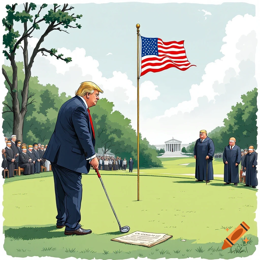 Cartoon illustration of Donald Trump golfing with Supreme Court justices with covered eyes watching and the Supreme Court building in the background