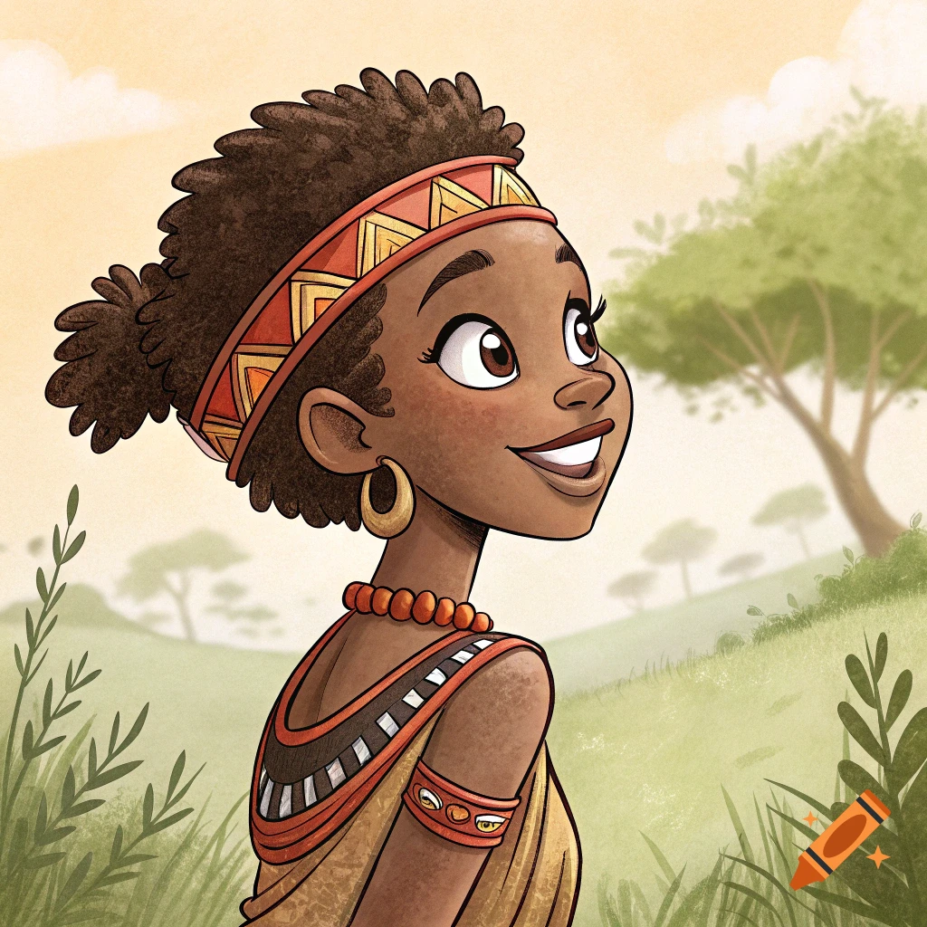 Cartoon illustration of a young African woman wearing traditional clothing, smiling and looking up.