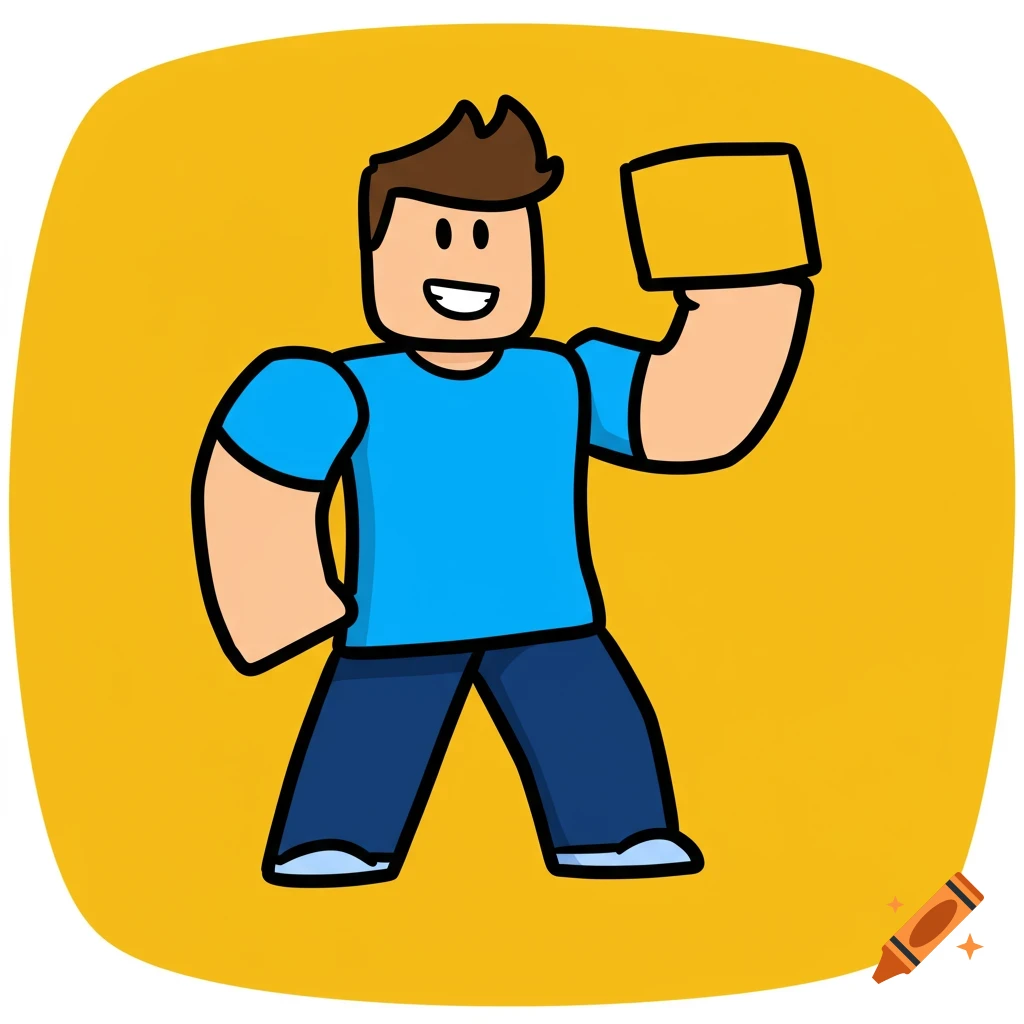 A simplistic 2D cartoon character resembling a Roblox avatar holds up a yellow square on a yellow background.