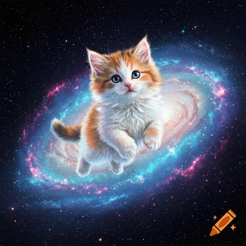 Fluffy orange and white kitten floats in a colorful galaxy.