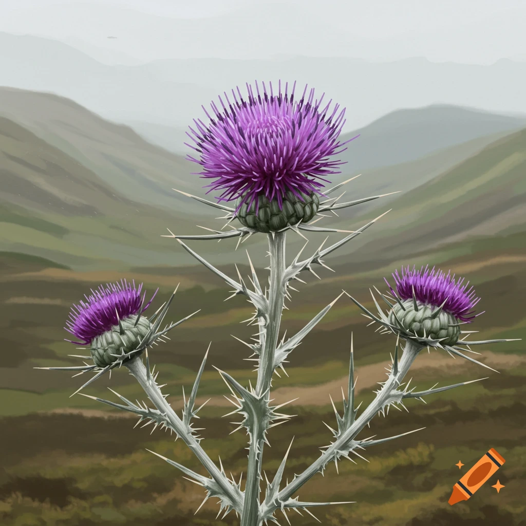 Purple thistles in a landscape.