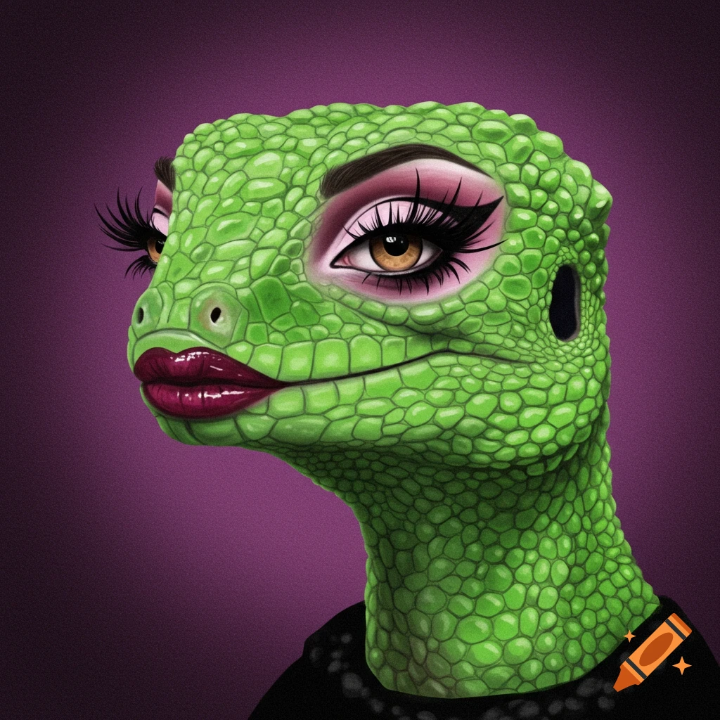 A green lizard wearing pink eyeshadow and dark red lipstick.