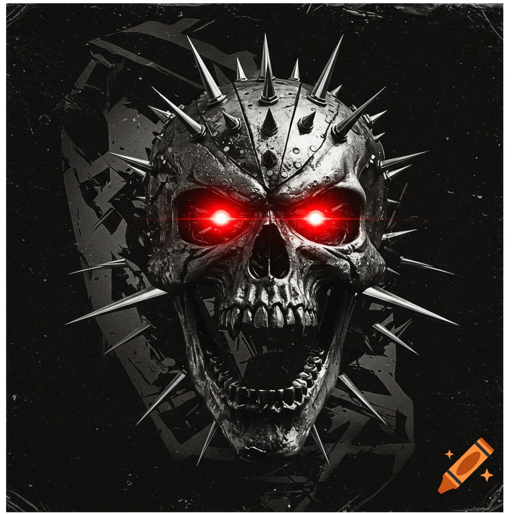 Spiked metal skull with glowing red eyes in a dark art style