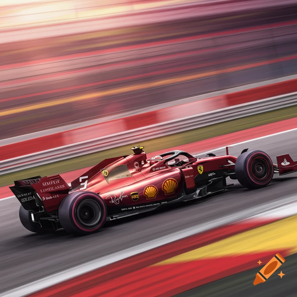 A red Formula 1 race car speeding on a track with motion blur