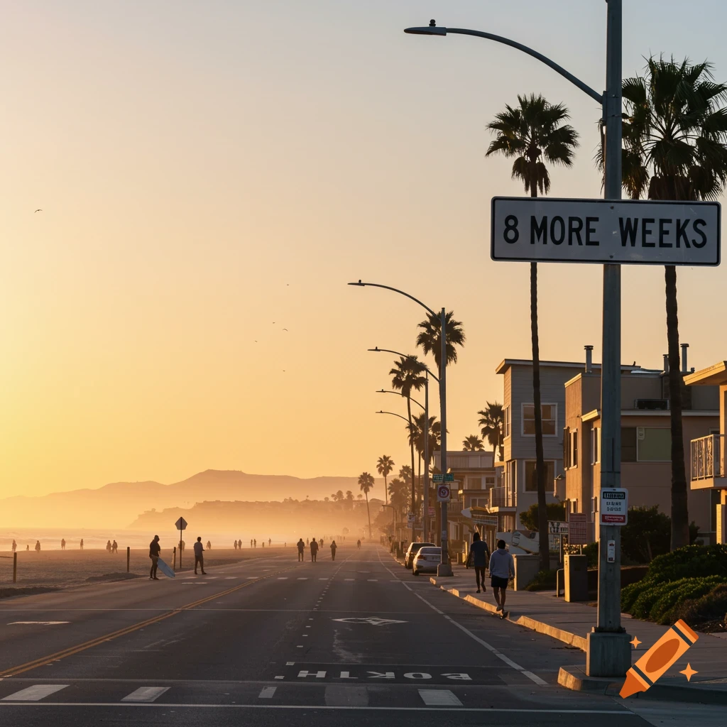 Photorealistic image of a beach road at sunset with palm trees, people walking, and a sign that says '8 MORE WEEKS'