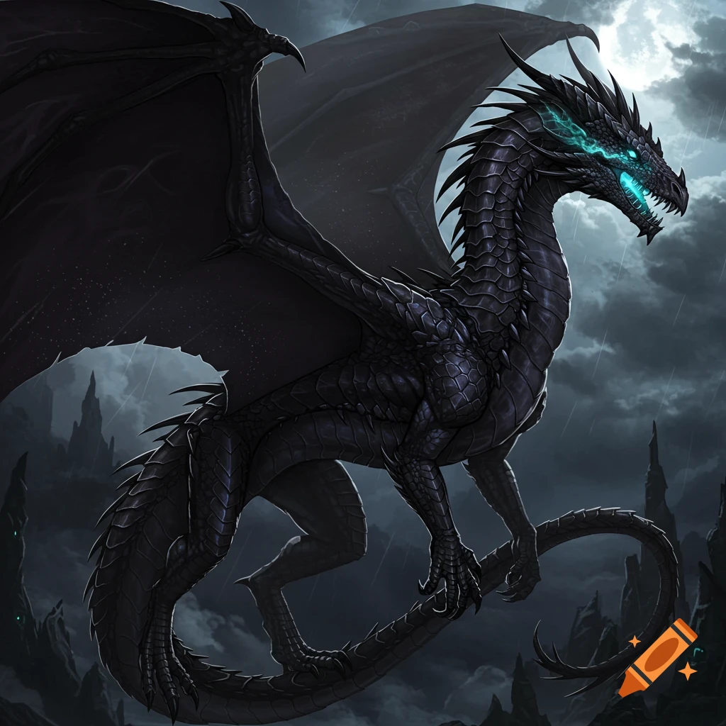 A black dragon with glowing blue eyes sits against a stormy, moonlit sky and rocky peaks.