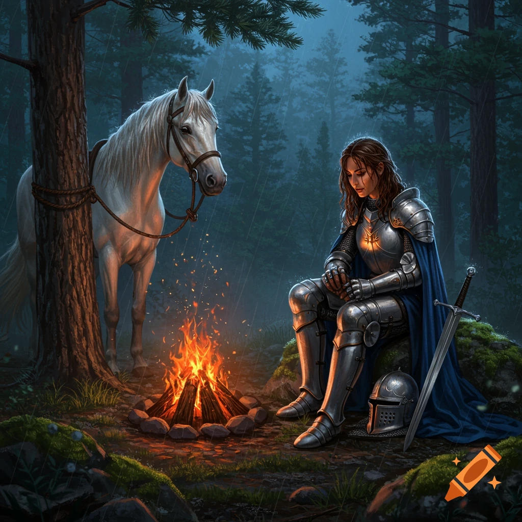 A female knight in armor sits by a campfire in a rainy forest with her white horse.