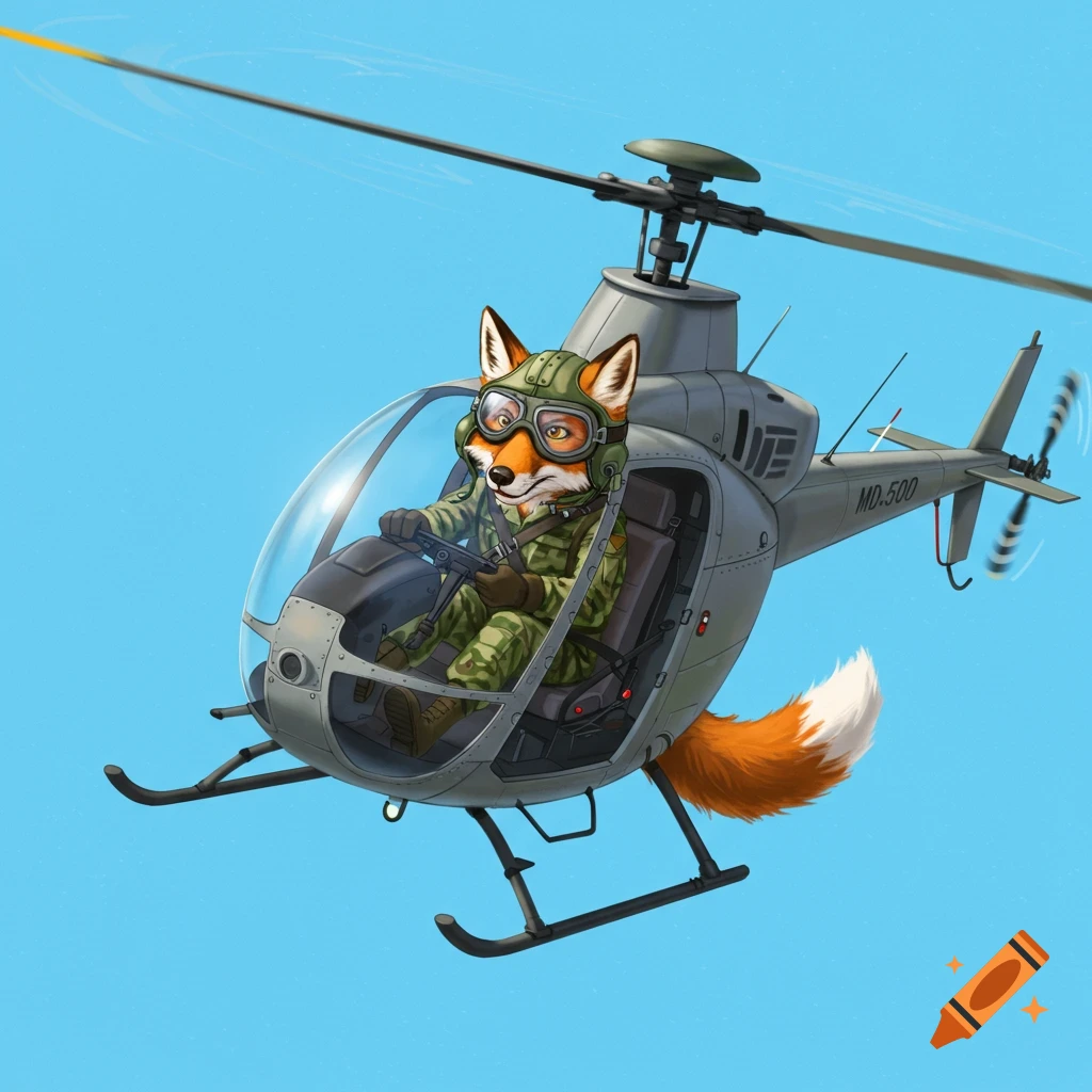 A fox wearing pilot goggles and camo is flying an MD-500 helicopter.