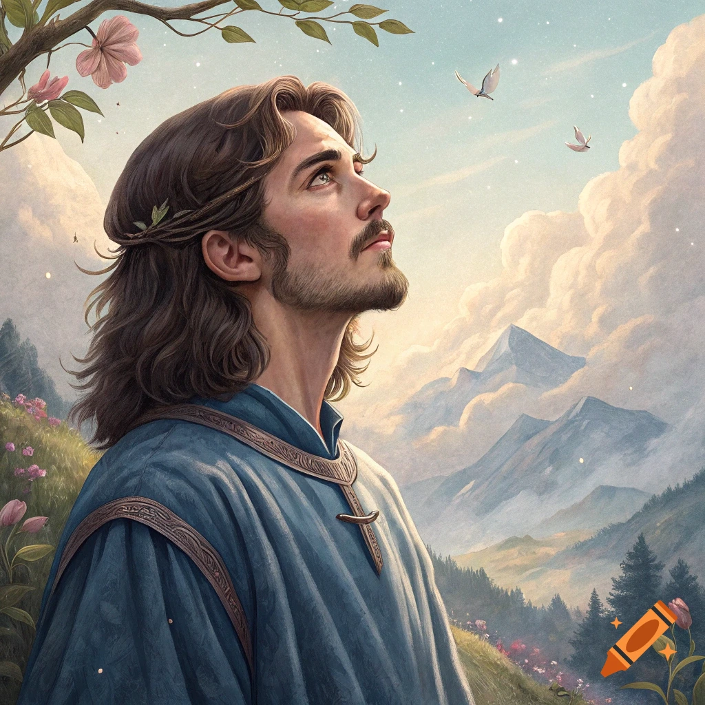 Fantasy art portrait of a man looking up at the sky with birds and mountains.
