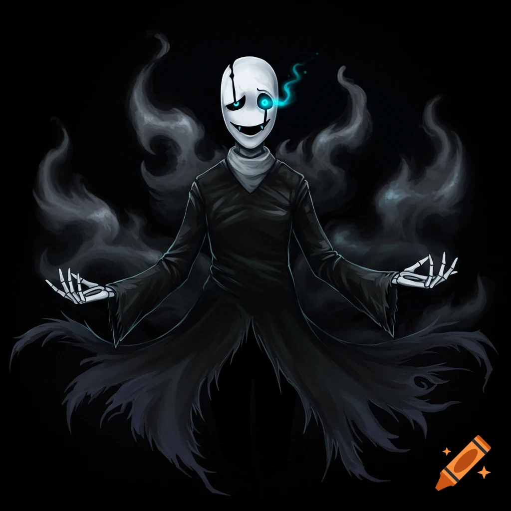 A depiction of the Undertale character Gaster, a white-faced figure in a black coat surrounded by smoke.