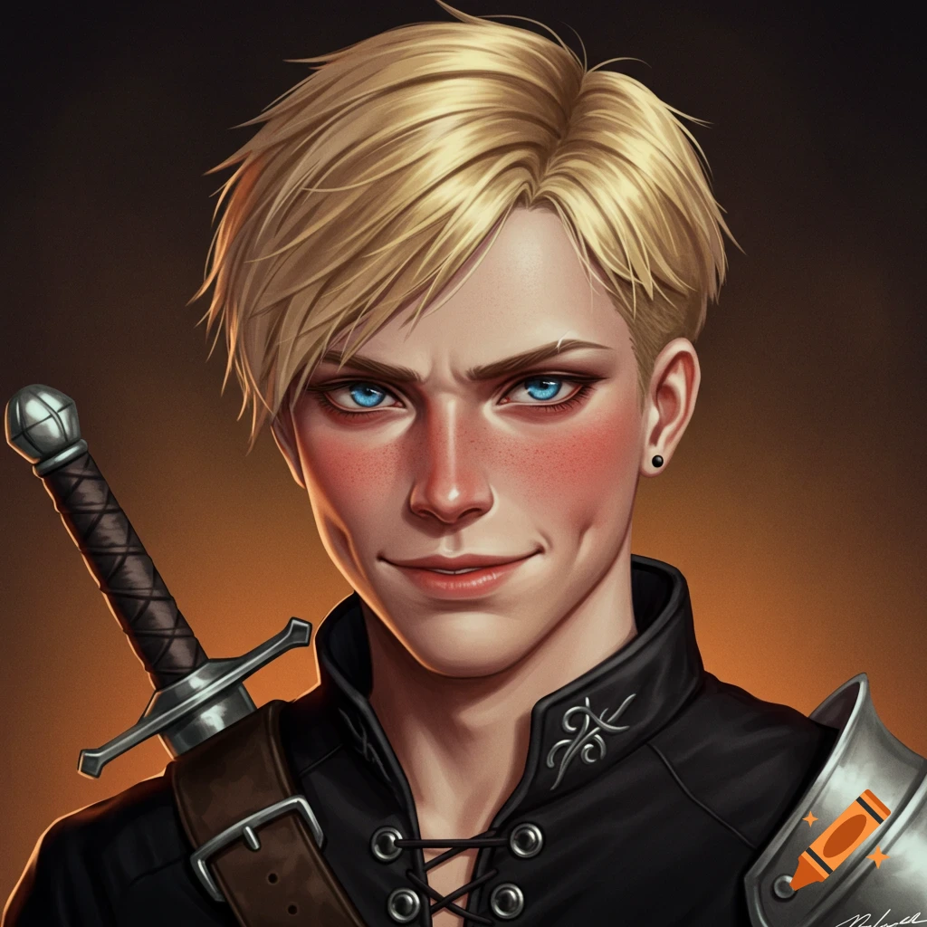 A drawing of a blonde young man with blue eyes, freckles, and dimples, wearing a black shirt and shoulder armor with a sheathed sword.