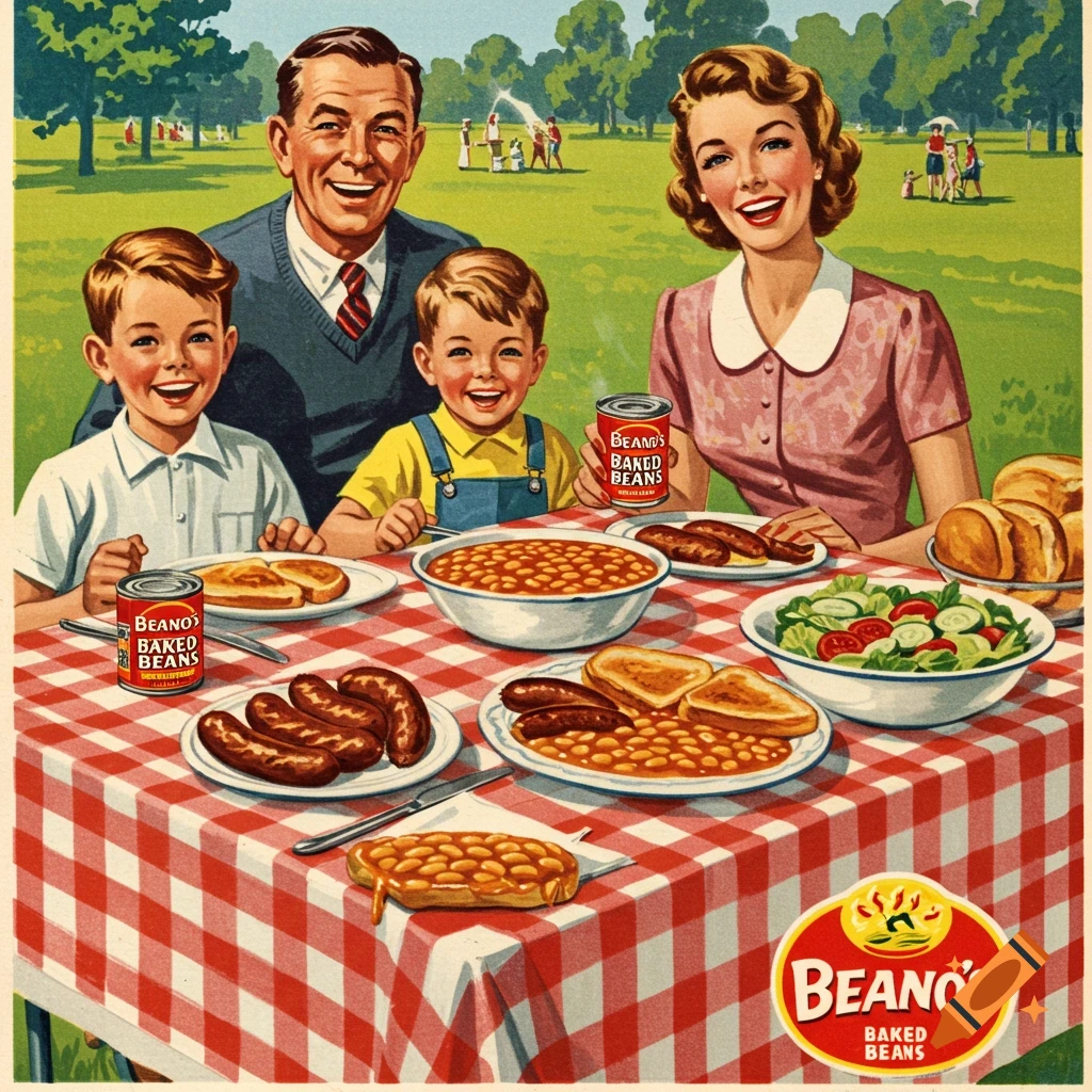 Retro illustration of a family enjoying Beano's baked beans at a picnic