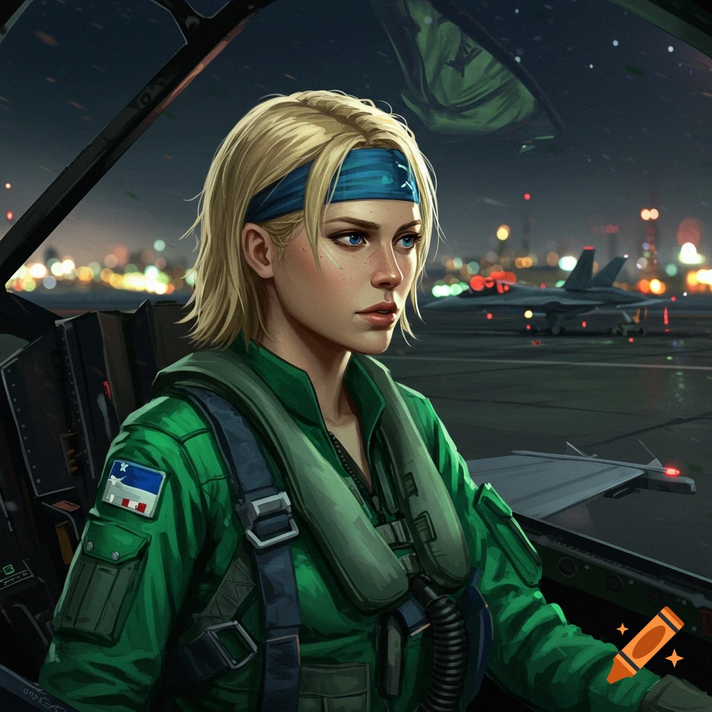 Image of a blonde female fighter pilot in a cockpit at night with a jet on the runway behind her.